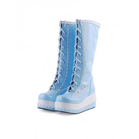 Sky Blue 2.8" High Heel Cute PU Round Toe Sweet Girls Lolita Boots