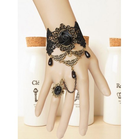 Black Lace And Rose Retro Lolita Bracelet And Ring