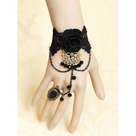 Fashion Black Vintage Rose Flower Crystal Lolita Wrist Strap And Ring