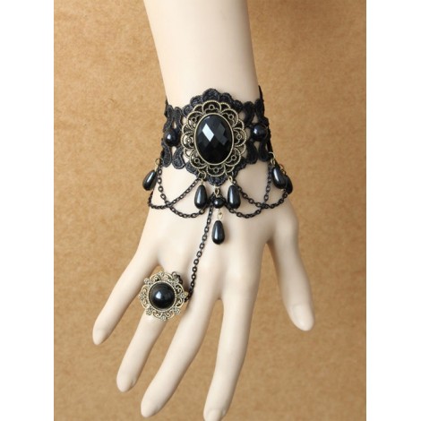 Gorgeous Black Lace And Black Gem Lolita Wrist Strap And Ring