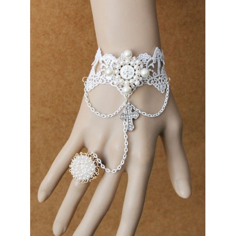 Palace Style Crucifix Pendant White Lace Lolita Wrist Strap And Ring Set