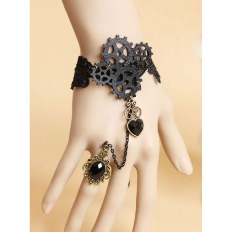 Punk Gear Heart Pendant Lolita Wrist Strap And Ring Set