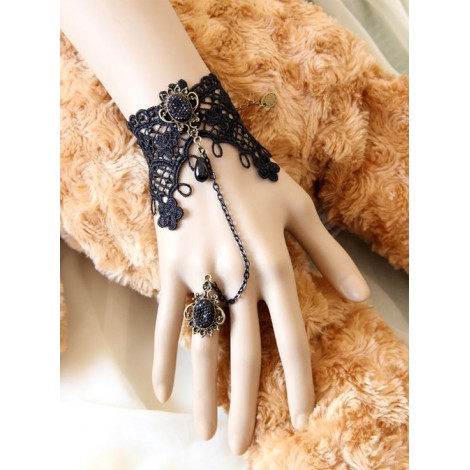 Retro Black Lace Chain Little Girls Lolita Wrist Strap And Ring