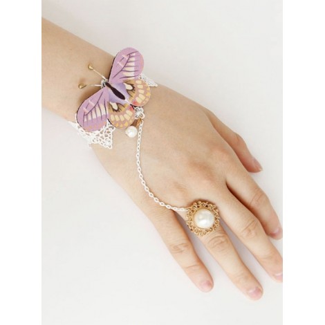 Rococo Purple Butterfly Bracelet And White Pearl Ring