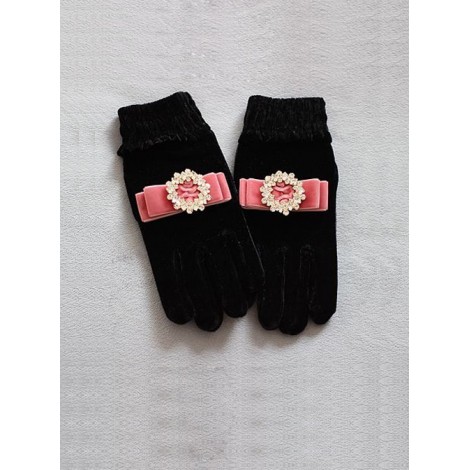 Round Rhinestone Retro Small Bowknot Classic Lolita Velvet Gloves