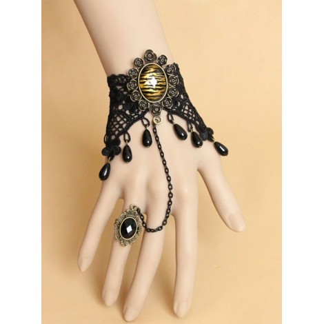 Sexy Black Lace Leopard Print Lady Lolita Wrist Strap And Ring