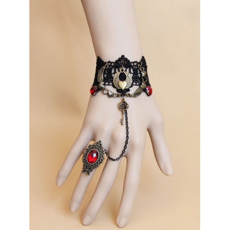 Vintage Black Lace Alloy Heart Shape Lolita Bracelet And Ring