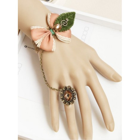 Tree Leaf Pink Bowknot Lolita Wrist Strap And Ring Set