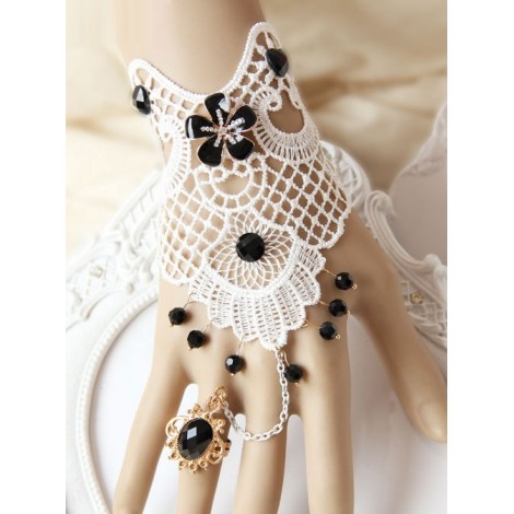 White Lace Black Bead Pendant Lolita Wrist Strap And Ring Set