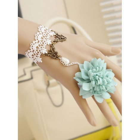 White Lace And Light Green Flower Lolita Wrist Strap And Ring