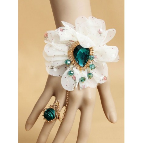 White Lace Chiffon Flowers Lolita Wrist Straps And Ring Set