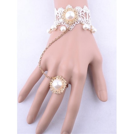 White Lace Pearl Bridal Lolita Wrist Strap