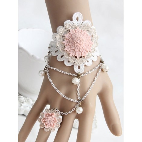 Pink Resin Flower White Lace Lolita Bracelet And Ring Set