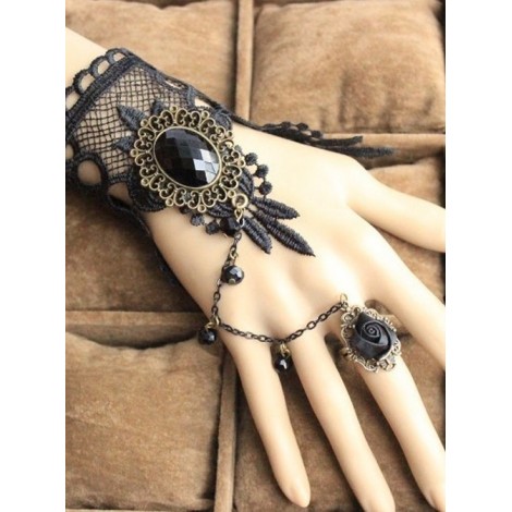 Punk Black Lace Rose Lolita Bracelet And Ring Set