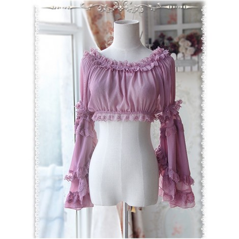 Purple-red Chiffon Lolita Super Short Top With Detachable trumpet Sleeve