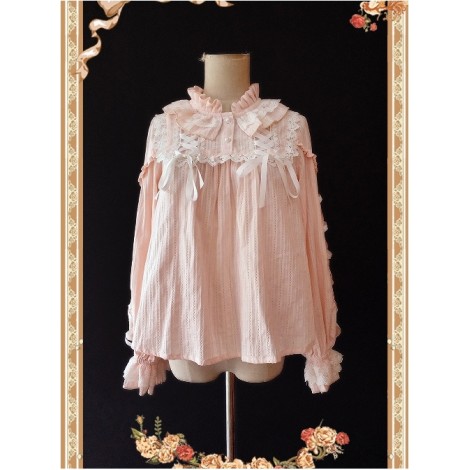 Warm Milk Tea Pure Cotton Pink Lace Puff Sleeve Classic Lolita Shirt