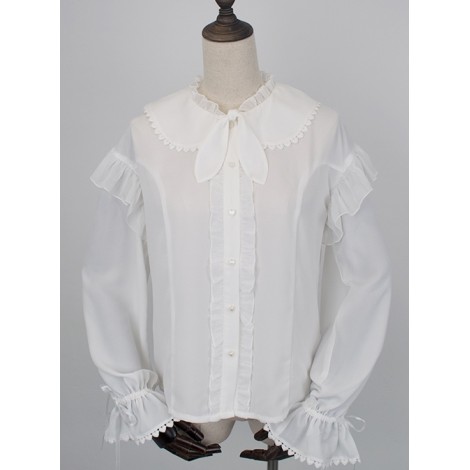 White Chiffon Cute Rabbit Ears Doll Collar Classic Lolita Long Sleeve Shirt