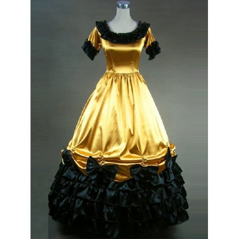 Retro Yellow And Black Lace Ruffles Round Collar Lolita Prom Dress (Extra Large)