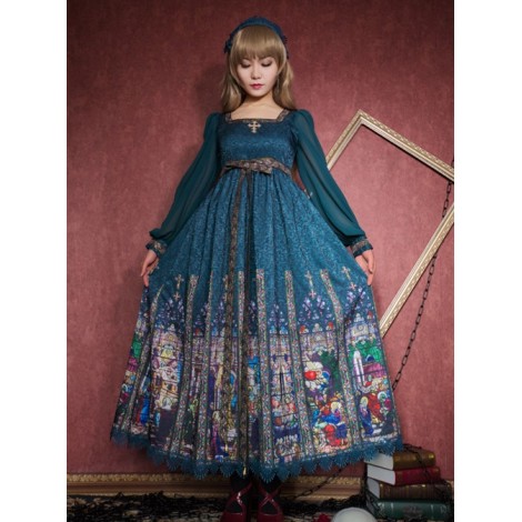 Surface Spell Rosary Printing High Waist Lolita Long Sleeve Dress