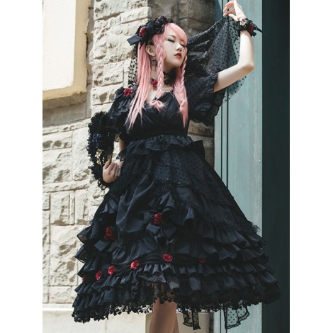 Swan Lake Series Lace Gothic Lolita Short Sleeve Dress