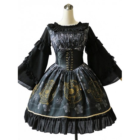 Black Grey Meteorite Magic Printed  Lolita Dress