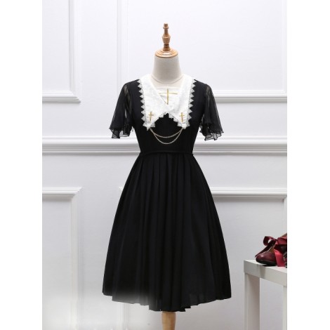 Black Short Sleeves Crucifix Embroidery Gothic Lolita Dress