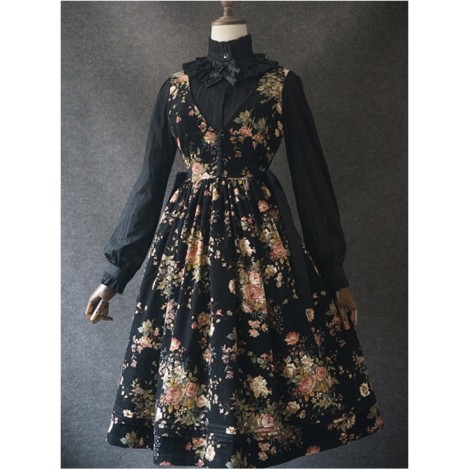 Elegant Black Flowers V Collar Lolita Vest Dress