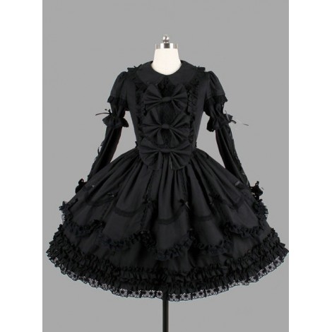 Black Elegant Bows Cotton Gothic Lolita Long Sleeve Dress