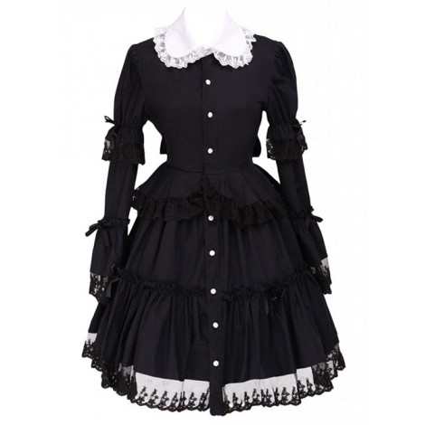 Black Lapel Ruffle Gothic Lolita Long Sleeve Dress