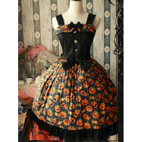 Magic Tea Party Halloween Pumpkin Head Printing Gothic Lolita Sling Dress