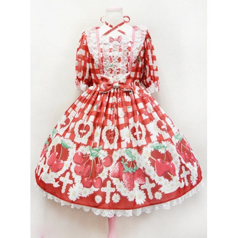 Fashion Cherry Red Strawberry High Waist Sweet Lolita Short Sleeves Dress