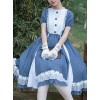 White Lace Ruffle Hem Blue Elegant OP Classic Lolita Short Sleeve Dress