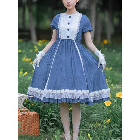 White Lace Ruffle Hem Blue Elegant OP Classic Lolita Short Sleeve Dress