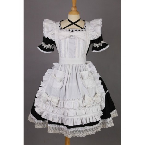 Short Sleeves Lace Trim Cotton Cosplay Maid Costume