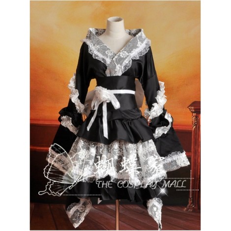 V-Neck Black And White Lace And Ruffles Cosplay Lolita Long Sleeves Dress