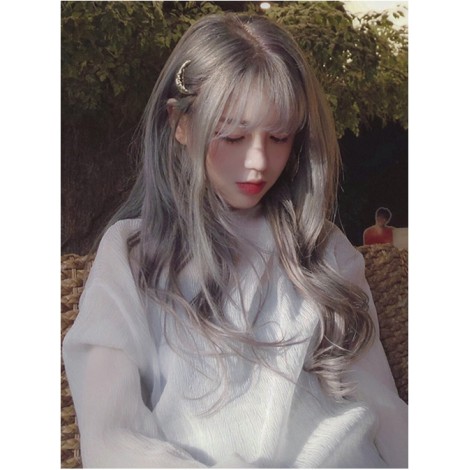 Harajuku Long Curly Hair Smoke Grey Air Bangs Wig Female