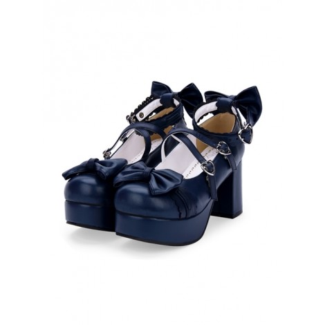 Dark Blue Bowknot Round-toe Sweet Lolita High Heel Shoes