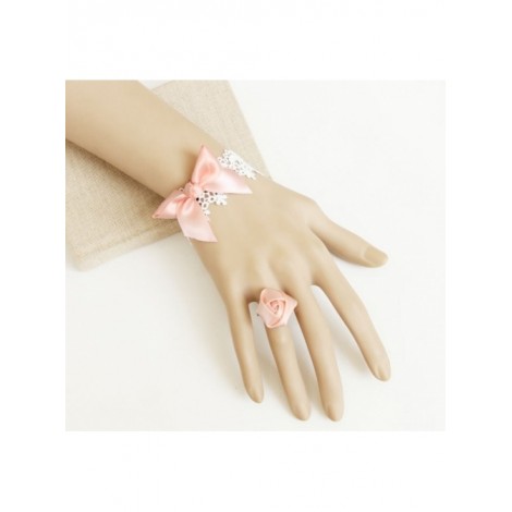 Sweet Pink Bow Rose Girls Lolita Bracelet And Ring Set