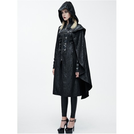 Steam Punk Gothic Palace Style Black Stand Collar Medium Length Hooded Coat For Women