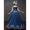 Navy Blue Off Shoulder True Velvet Embroidery Prom Dress