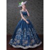 Navy Blue Off Shoulder True Velvet Embroidery Prom Dress