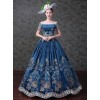 Navy Blue Off Shoulder True Velvet Embroidery Prom Dress