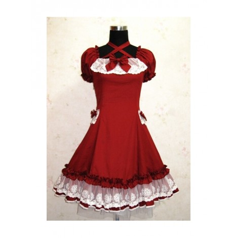 Cute Short Sleeves Red Cotton Lolita Dress